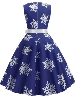 Sale Retro Stage 1950s Christmas Snowflake Sleeveless Belted Dress