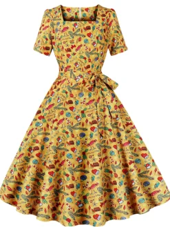 Hot Retro Stage 1950s Christmas Square Collar Patchwork Dress Yellow