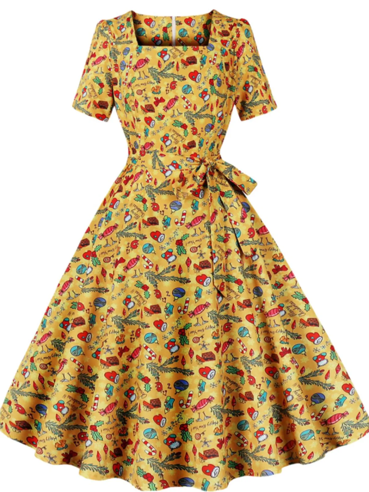 Hot Retro Stage 1950s Christmas Square Collar Patchwork Dress Yellow