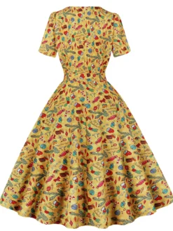 Hot Retro Stage 1950s Christmas Square Collar Patchwork Dress Yellow