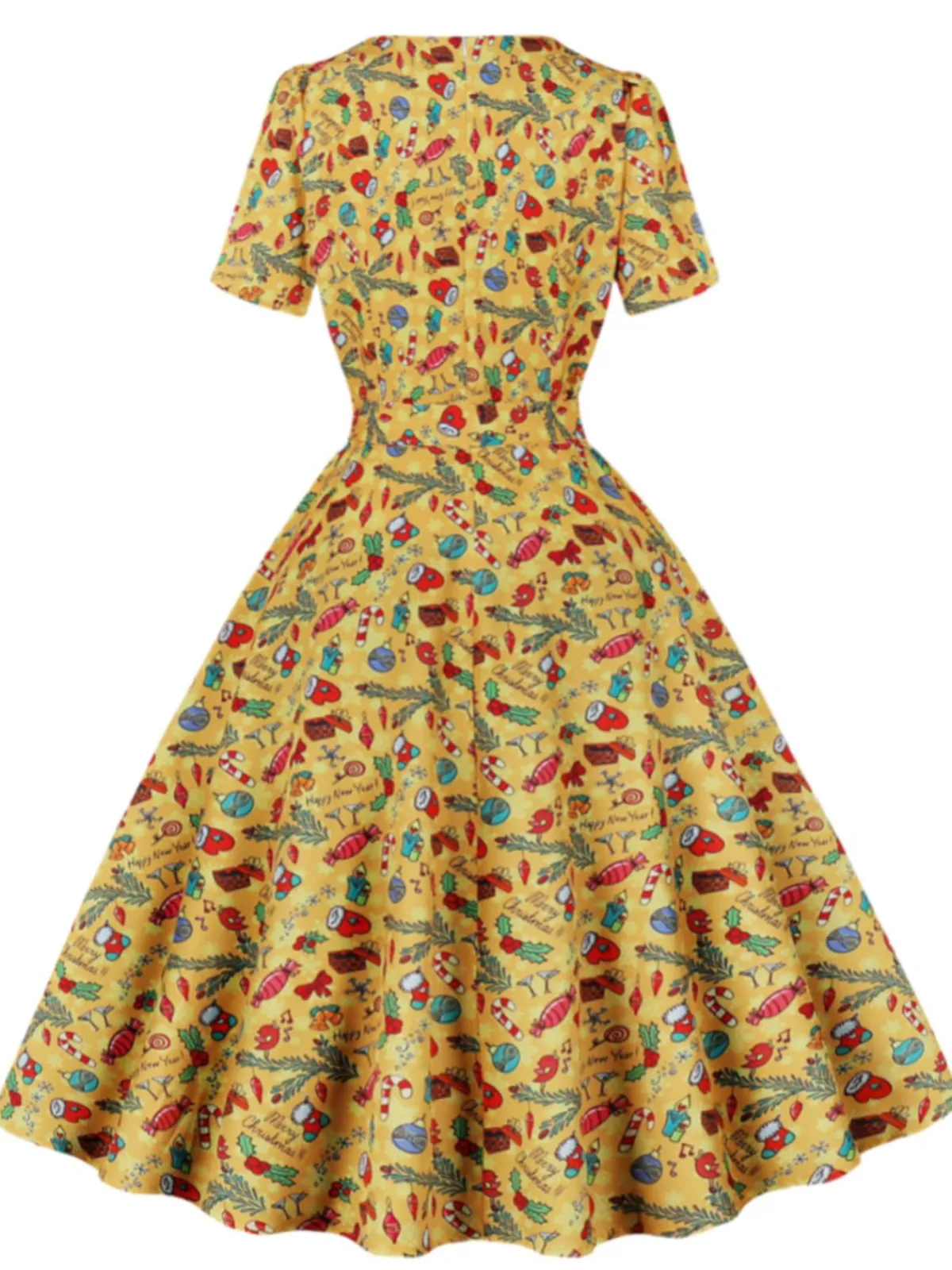 Hot Retro Stage 1950s Christmas Square Collar Patchwork Dress Yellow