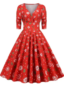 Clearance Retro Stage 1950s Christmas V-Neck Mid-Sleeve Dress