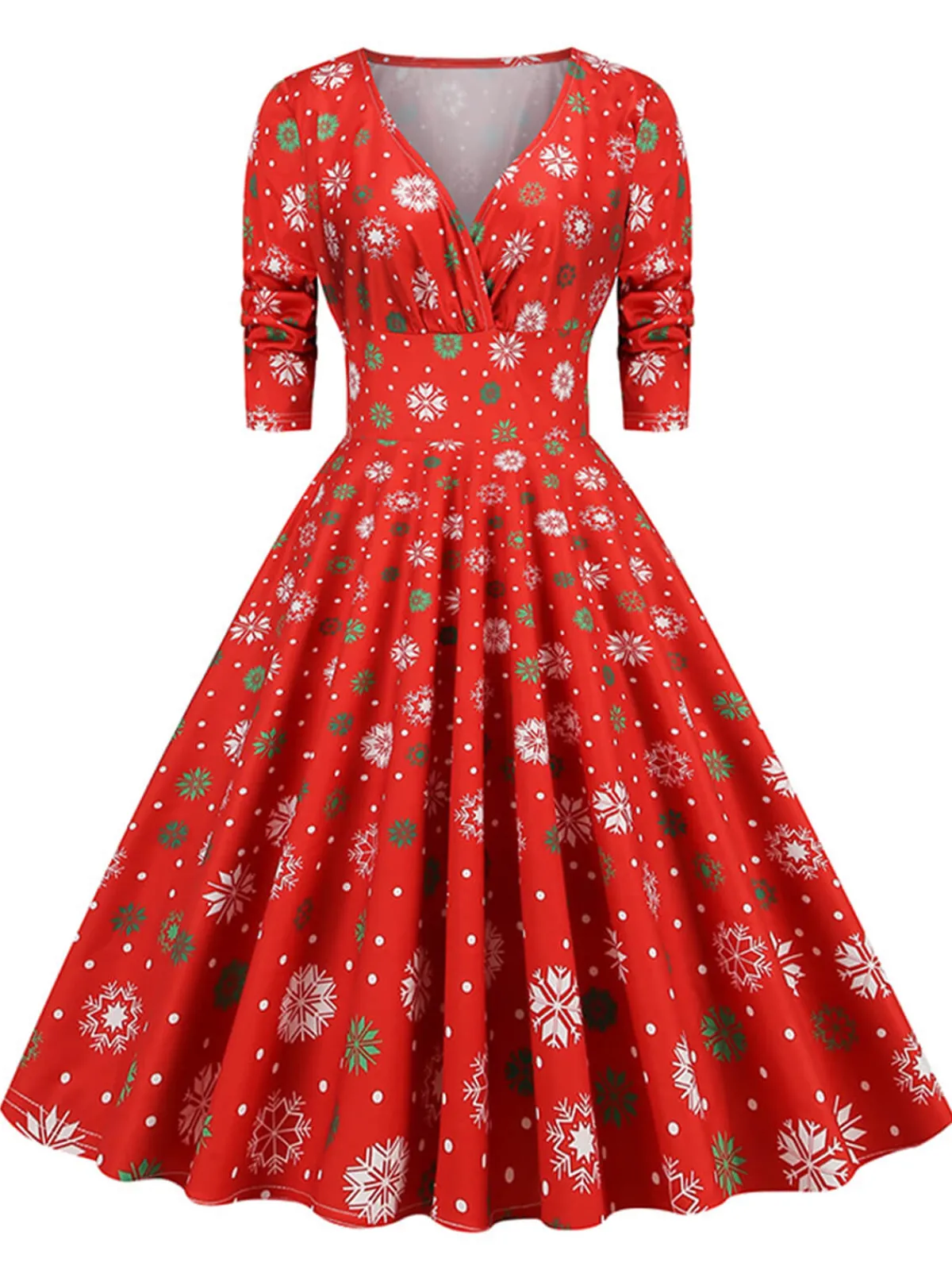 Clearance Retro Stage 1950s Christmas V-Neck Mid-Sleeve Dress