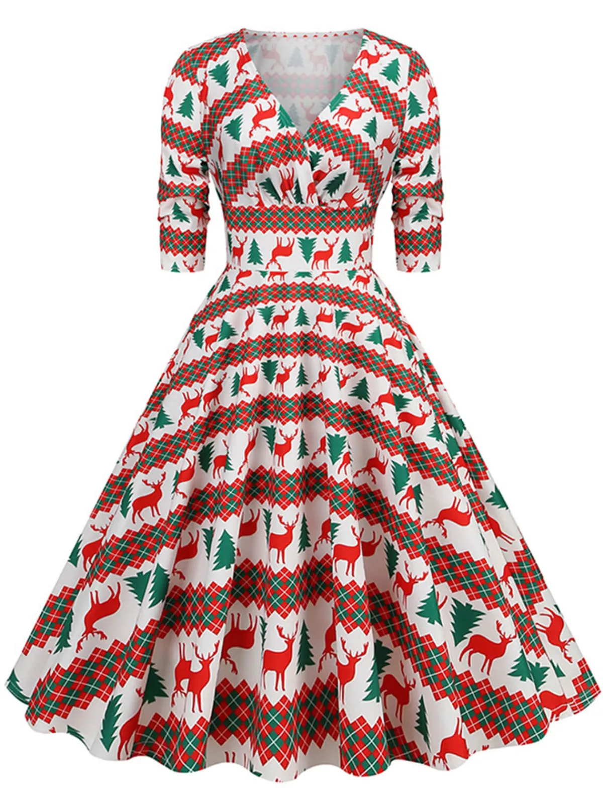 Clearance Retro Stage 1950s Christmas V-Neck Mid-Sleeve Dress