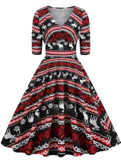 Clearance Retro Stage 1950s Christmas V-Neck Mid-Sleeve Dress
