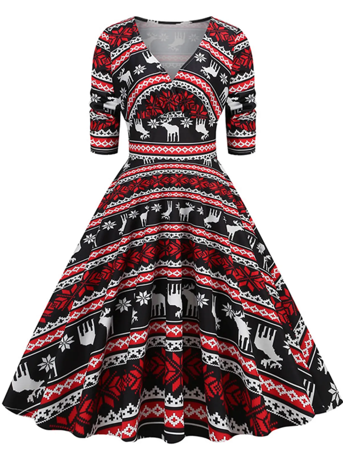Clearance Retro Stage 1950s Christmas V-Neck Mid-Sleeve Dress
