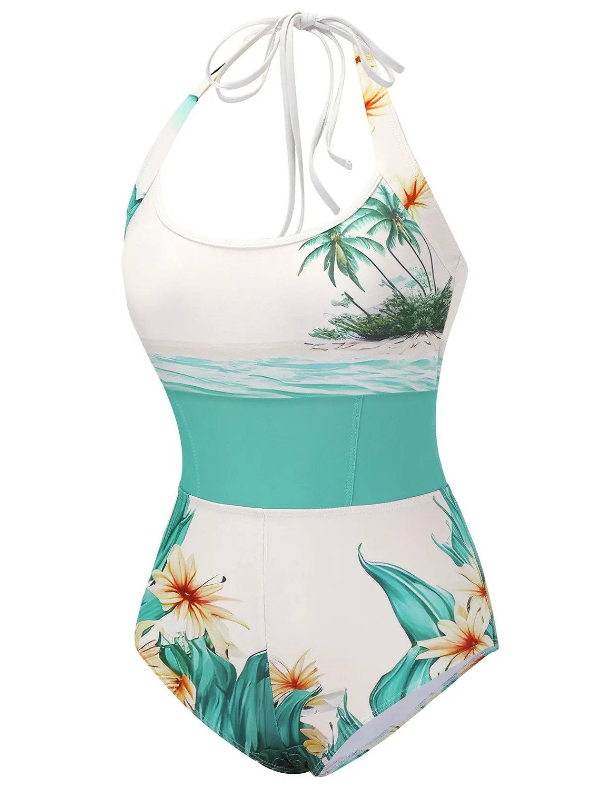 Online Retro Stage 1950s Coconut Tree & Beach Patchwork Swimsuit White