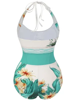 Online Retro Stage 1950s Coconut Tree & Beach Patchwork Swimsuit White