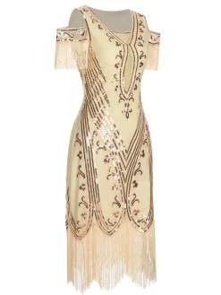 Best Retro Stage 1920s Cold Shoulder Embroidered Fringe Sequins Dress