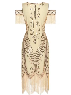 Best Retro Stage 1920s Cold Shoulder Embroidered Fringe Sequins Dress
