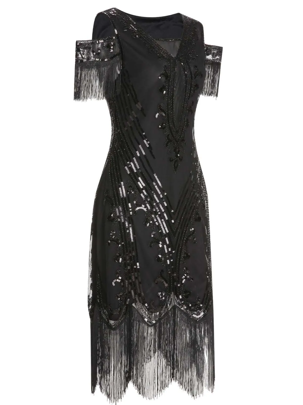 Best Retro Stage 1920s Cold Shoulder Embroidered Fringe Sequins Dress