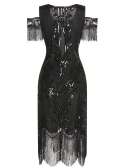 Best Retro Stage 1920s Cold Shoulder Embroidered Fringe Sequins Dress