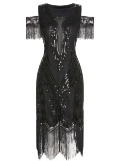 Fashion Retro Stage 1920s Cold Shoulder Embroidered Fringe Sequins Dress