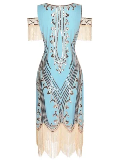 Fashion Retro Stage 1920s Cold Shoulder Embroidered Fringe Sequins Dress