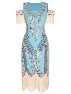 Fashion Retro Stage 1920s Cold Shoulder Embroidered Fringe Sequins Dress