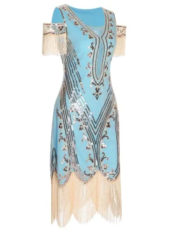 Fashion Retro Stage 1920s Cold Shoulder Embroidered Fringe Sequins Dress