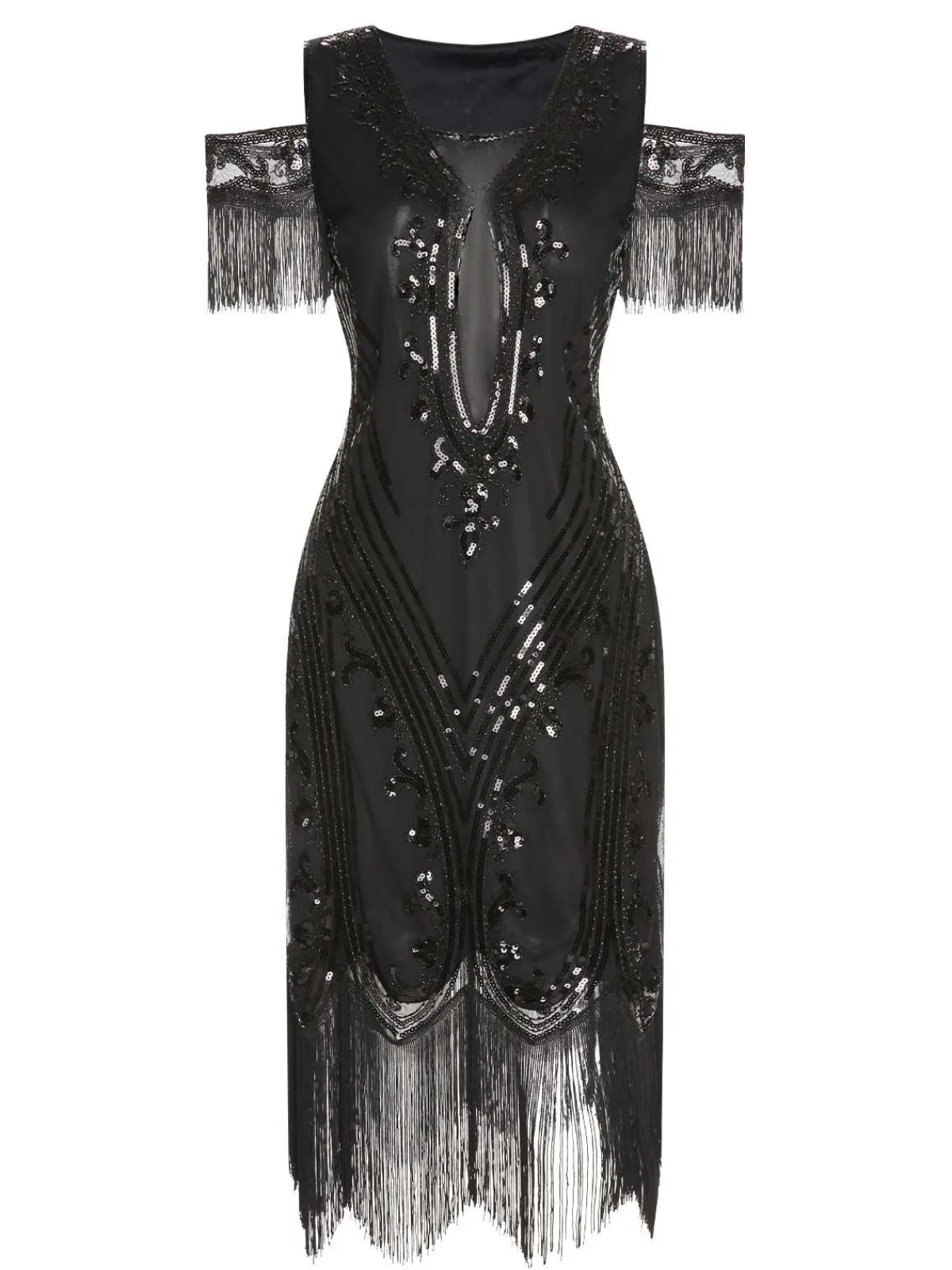 Fashion Retro Stage 1920s Cold Shoulder Embroidered Fringe Sequins Dress & 6PCS Accessories Black