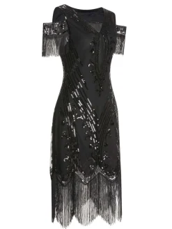 Fashion Retro Stage 1920s Cold Shoulder Embroidered Fringe Sequins Dress & 6PCS Accessories Black