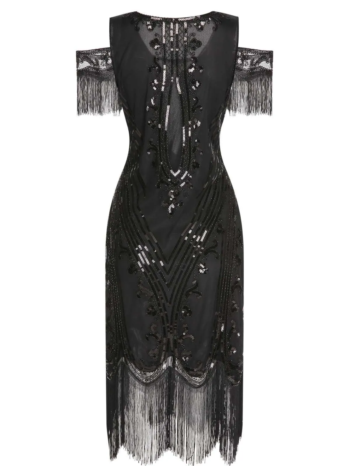 Fashion Retro Stage 1920s Cold Shoulder Embroidered Fringe Sequins Dress & 6PCS Accessories Black
