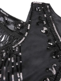 Fashion Retro Stage 1920s Cold Shoulder Embroidered Fringe Sequins Dress & 6PCS Accessories Black