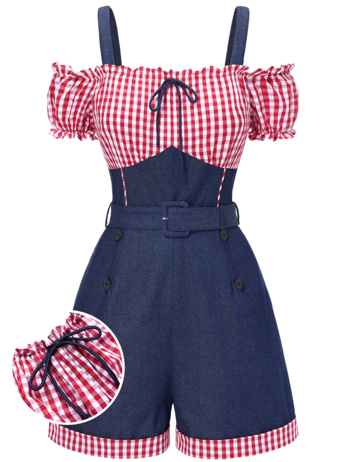 Sale Retro Stage 1950s Cold Shoulder Plaids Contrast Denim Romper Blue