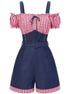 Sale Retro Stage 1950s Cold Shoulder Plaids Contrast Denim Romper Blue