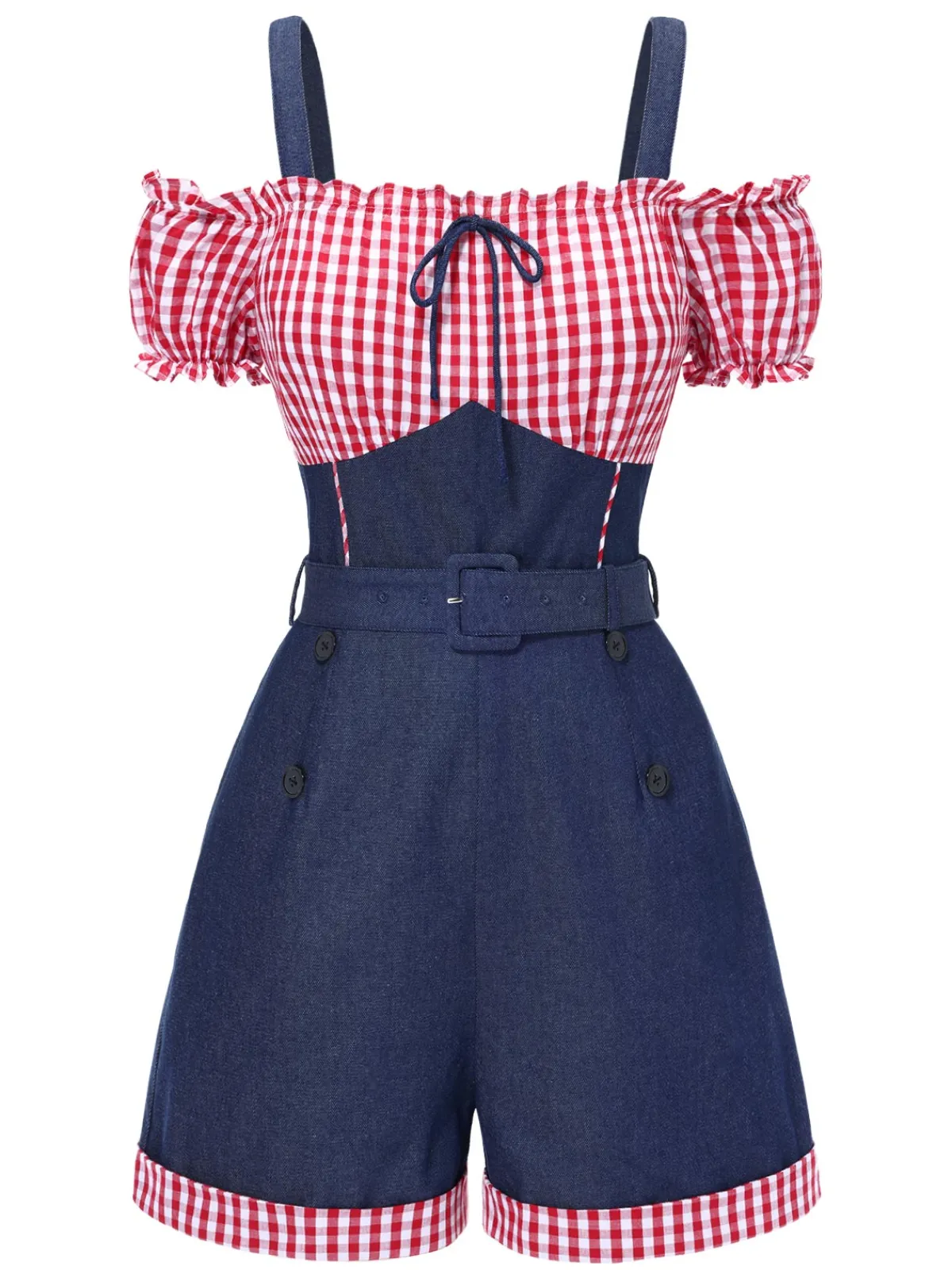 Sale Retro Stage 1950s Cold Shoulder Plaids Contrast Denim Romper Blue