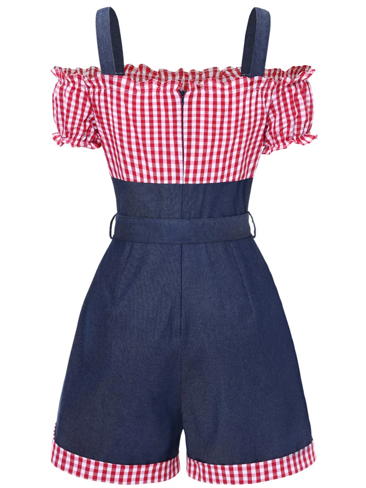 Sale Retro Stage 1950s Cold Shoulder Plaids Contrast Denim Romper Blue