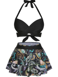 Clearance Retro Stage 1970s Color Block Floral Halter Swimsuit