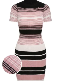 Fashion Retro Stage 1960s Color Block Striped Knit Slim Dress