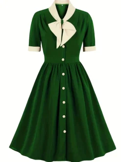 Outlet Retro Stage 1940s Color Contrast Button Lapel Bow Dress