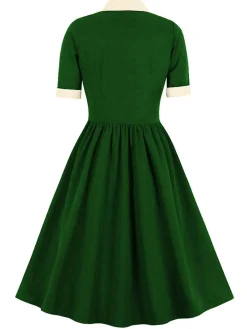 Outlet Retro Stage 1940s Color Contrast Button Lapel Bow Dress