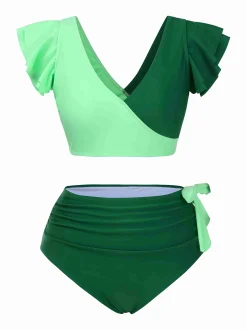 Clearance Retro Stage 1950s Colorblock Ruffle Ruched Bow Bikini Set