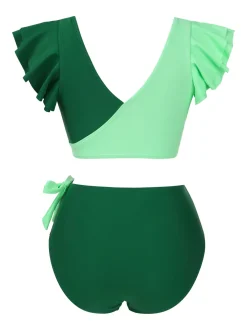Clearance Retro Stage 1950s Colorblock Ruffle Ruched Bow Bikini Set