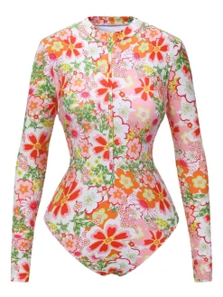Fashion Retro Stage 1970s Colorful Floral Print One-Piece Swimsuit Multicolor