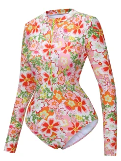 Fashion Retro Stage 1970s Colorful Floral Print One-Piece Swimsuit Multicolor