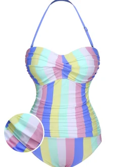 Online Retro Stage 1950s Striped One-Piece Swimsuit Colorful