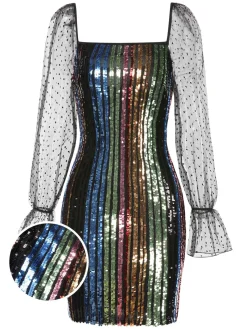 Clearance Retro Stage 1960s Colorful Stripes Sequined Mesh Dress Black