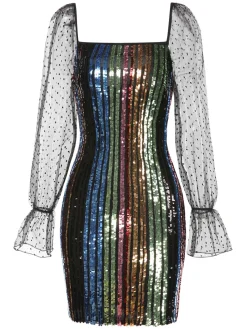 Clearance Retro Stage 1960s Colorful Stripes Sequined Mesh Dress Black