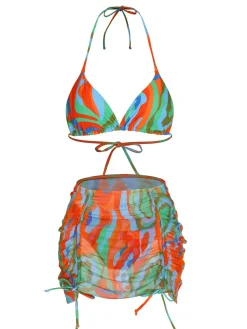 Outlet Retro Stage 1970s Colorful Swimsuit & Drawstring Skirt Cover Up Multicolor