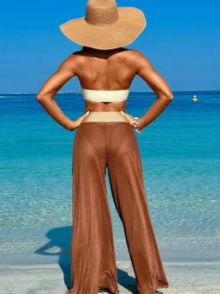 Best Retro Stage 1960s Contrast Bandeau Swimsuit & Pants Cover-Up