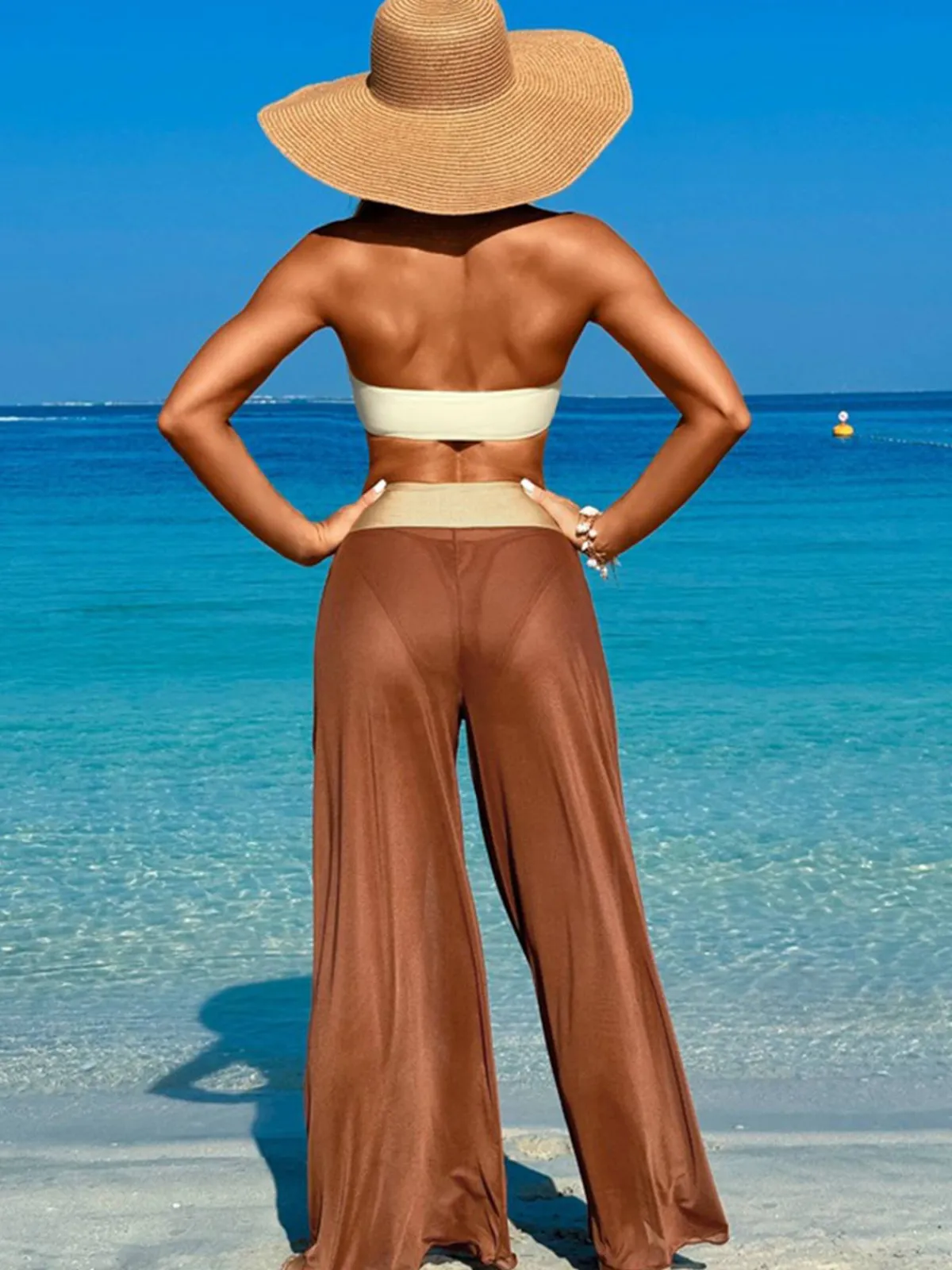 Best Retro Stage 1960s Contrast Bandeau Swimsuit & Pants Cover-Up