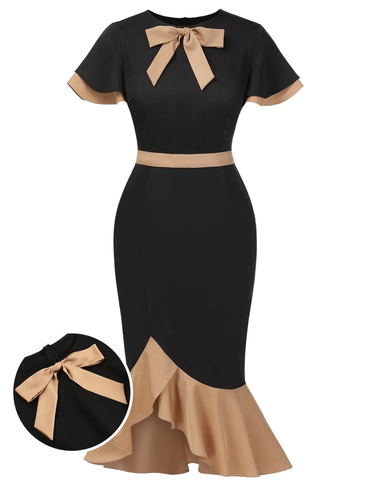 Outlet Retro Stage 1930s Contrast Bow Tie Ruffle Hem Mermaid Dress Black