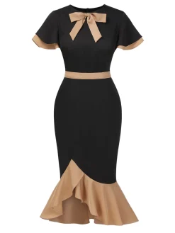 Outlet Retro Stage 1930s Contrast Bow Tie Ruffle Hem Mermaid Dress Black