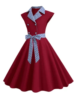Sale Retro Stage 1950s Contrast Polka Dots Bowknot Belted Dress