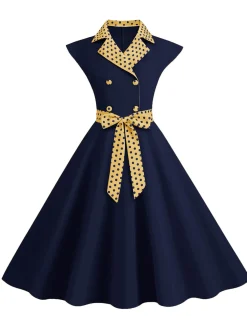 Sale Retro Stage 1950s Contrast Polka Dots Bowknot Belted Dress