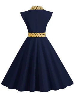 Sale Retro Stage 1950s Contrast Polka Dots Bowknot Belted Dress