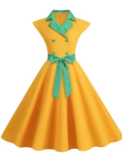 Sale Retro Stage 1950s Contrast Polka Dots Bowknot Belted Dress