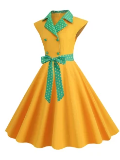 Sale Retro Stage 1950s Contrast Polka Dots Bowknot Belted Dress