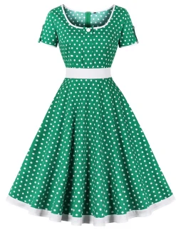 Outlet Retro Stage 1950s Contrast Polka Dots Buttoned Dress